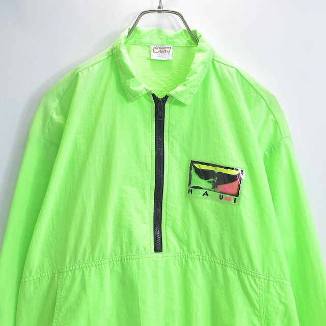 90s USA製 Crazy Shirts クレイジーシャツ ナイロン アノラックパーカー ハワイ MAUI クジラ パッチ アウター ネオングリーン ヴィンテージ ビンテージ アメリカ古着 メンズSサイズ