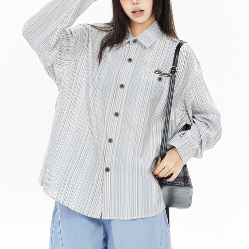 レトロマルチストライプワンポイントシャツ 2col   R02612