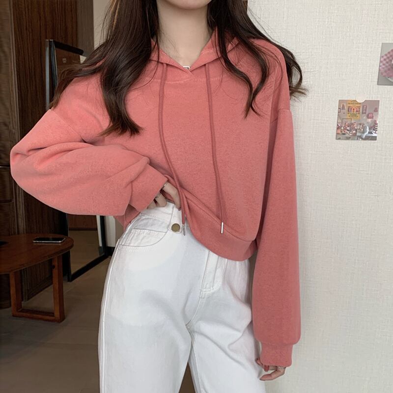 フードクロップドブラウス スプリングオータムルーズプルオーバー コート セーター レディース 春物 秋物 試着室53505199546