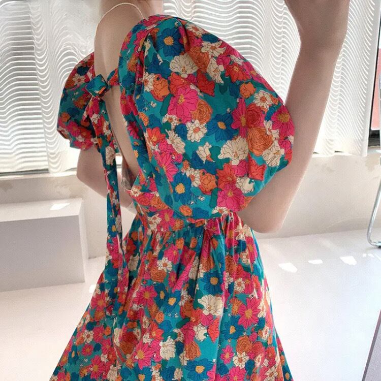 韓国ヴィンテージフローラルパフスリーブミディドレス3223100