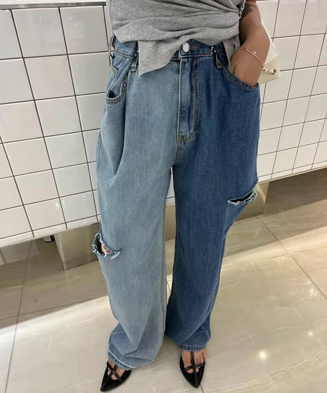 アシンメトリーダメージデニムパンツ R0024