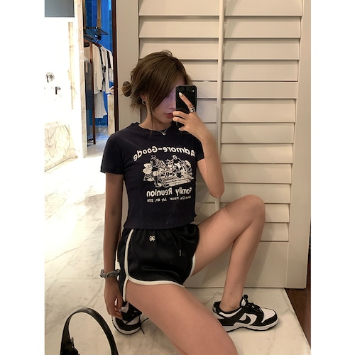 スタンダードプリントTシャツ サマースリムクロップトップ トップス レトロ 夏物 SYM_Studio41828172945