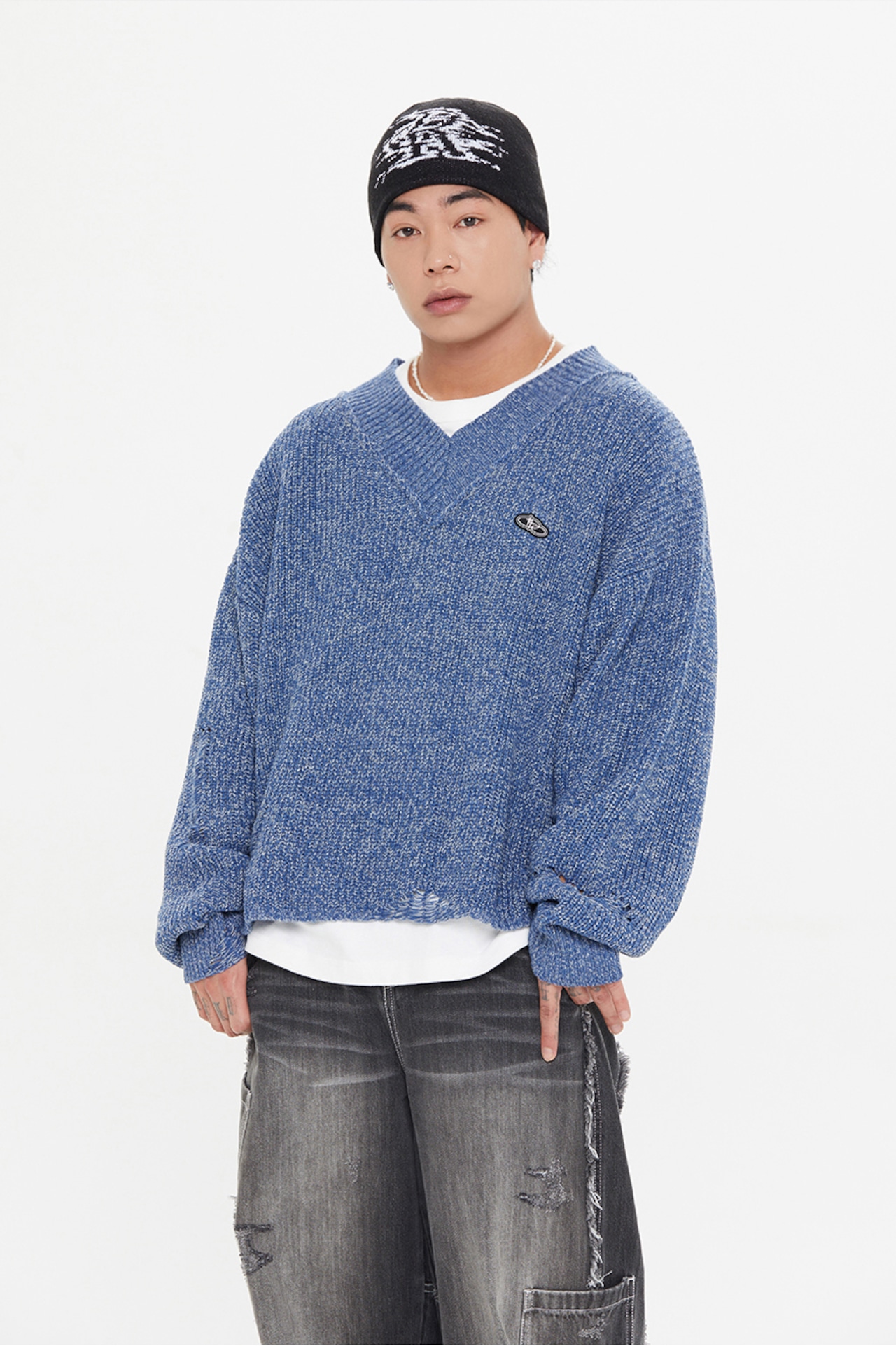 DAMAGE V NECK KNIT_BLUE