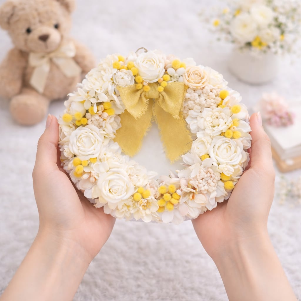 白薔薇とミモザのナチュラルリース 【WR-007】径22㎝ ｜華やか贈り物｜ナチュラルインテリア・ギフトケース入り