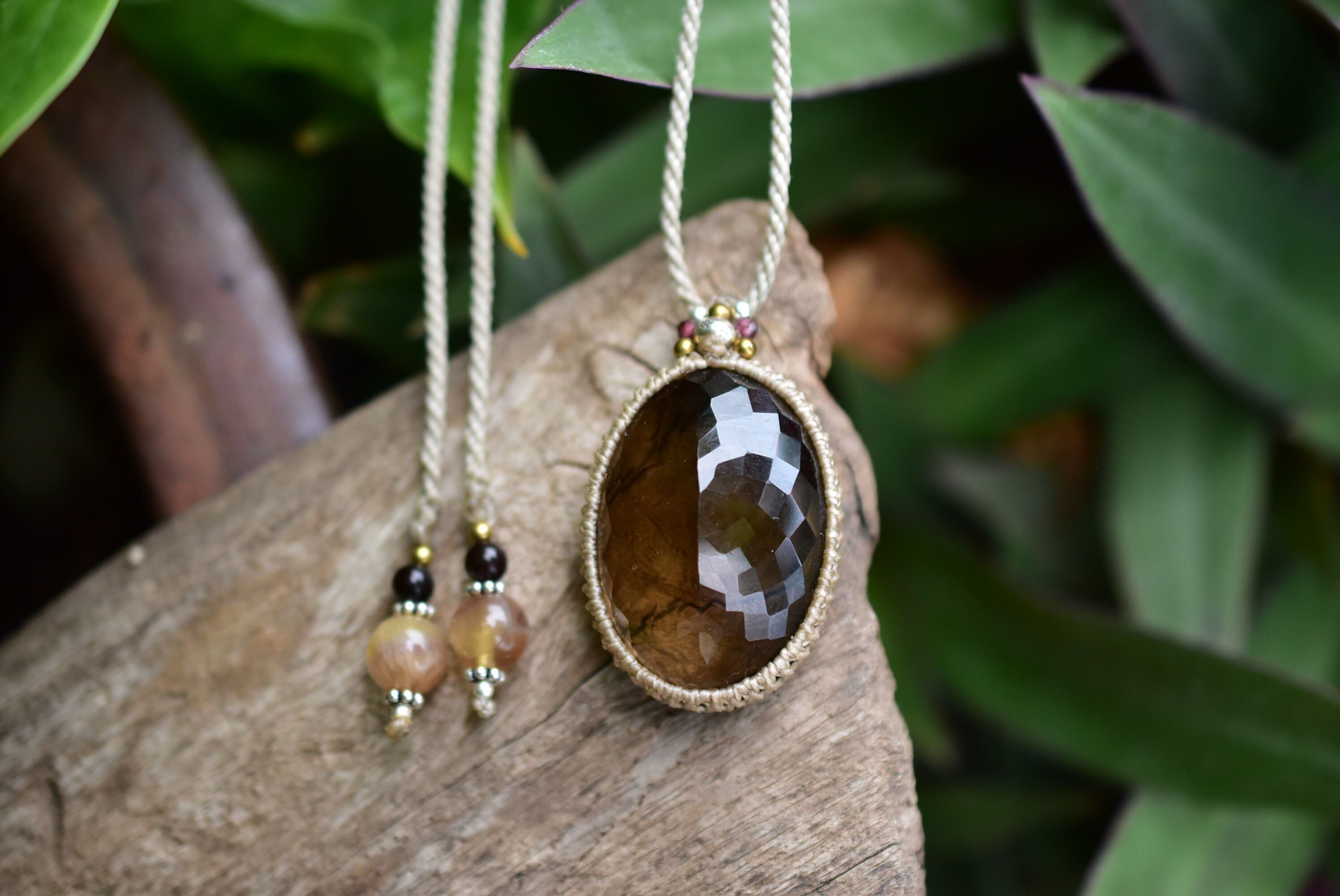 宝石ファセットカット☆スモーキークォーツ マクラメペンダント110