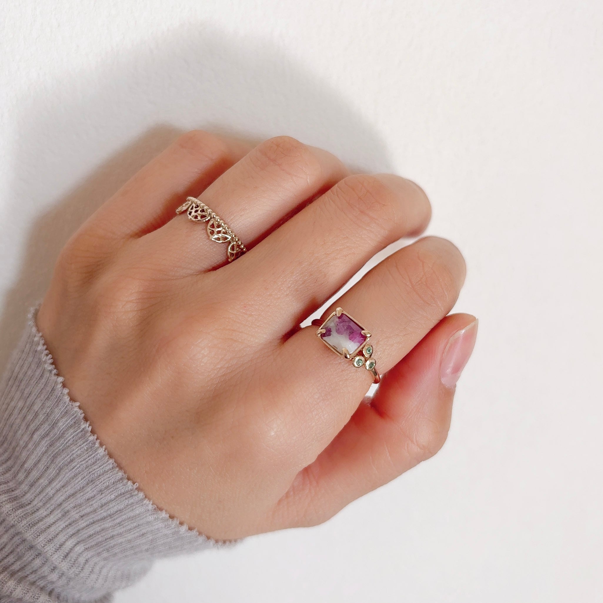 ルビーインクォーツ＆エメラルド リング / K10YG【1点限り