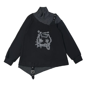 アシンメトリーショルダーストラップハイネックキャットグラフィックトップス(lli_7359)