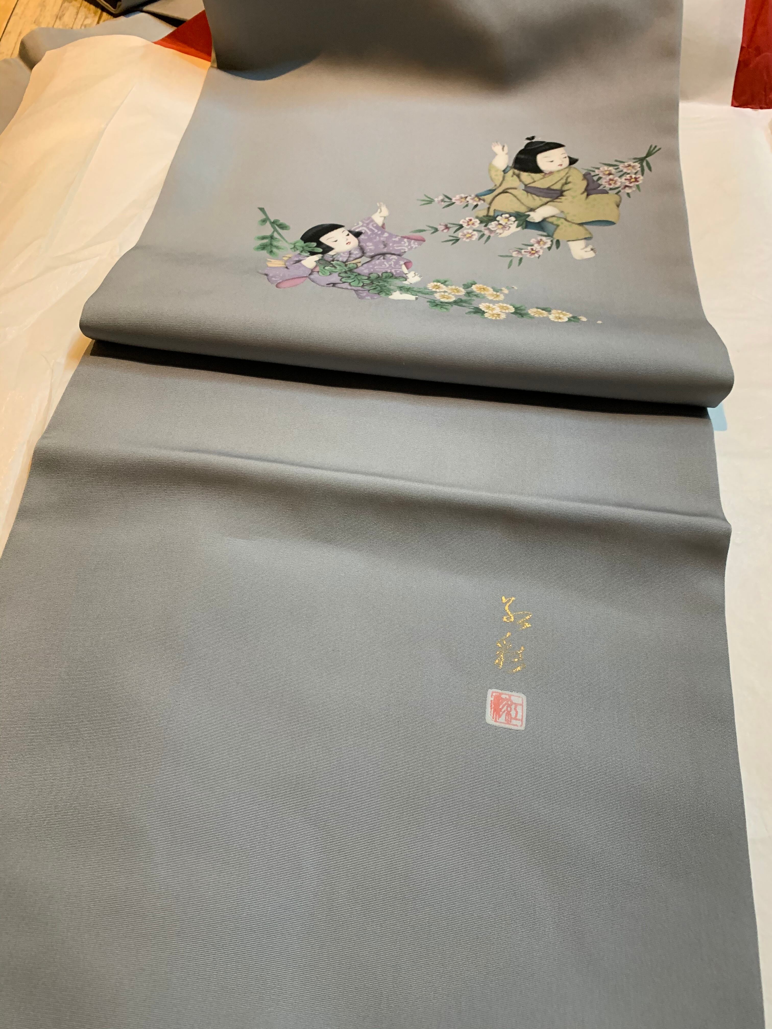 作家もの　付け帯　塩瀬　鈴　葵　伝統和模様　梅花　楓　着物　帯　020k 作家もの 付け帯 塩瀬 鈴 葵 伝統和模様 梅花 楓 着物 帯 020k