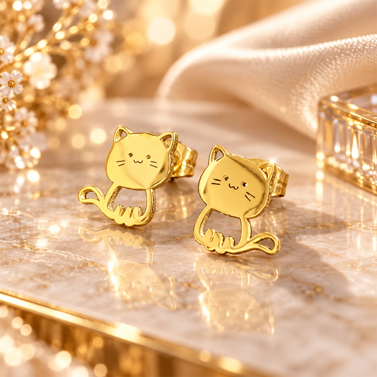 ネコ ピアス ゴールド 46 金属アレルギー対応 ステンレス 両耳セット レディース 小ぶり 猫モチーフ ネコ 猫 ねこ