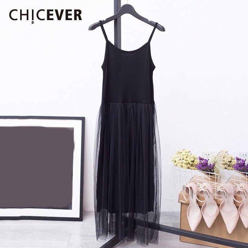 CHICEVERセクシーなスパゲッティストラップドレス女性ノースリーブパッチワークメッシュルーズパーティードレス服 6base535539921502