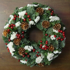 フレッシュのオレゴン産モミと、針葉樹をサンキライやスターチス、マツカサで飾ったリース