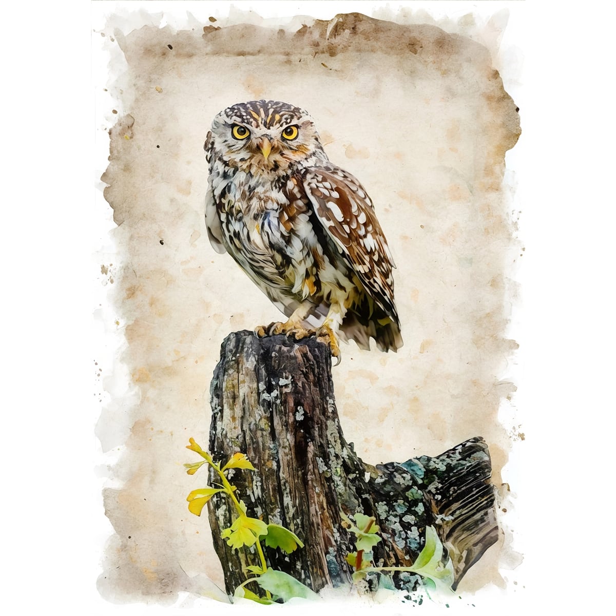 絵画 動物 鳥 コキンメフクロウ インテリアアート額付き 水彩画・油絵