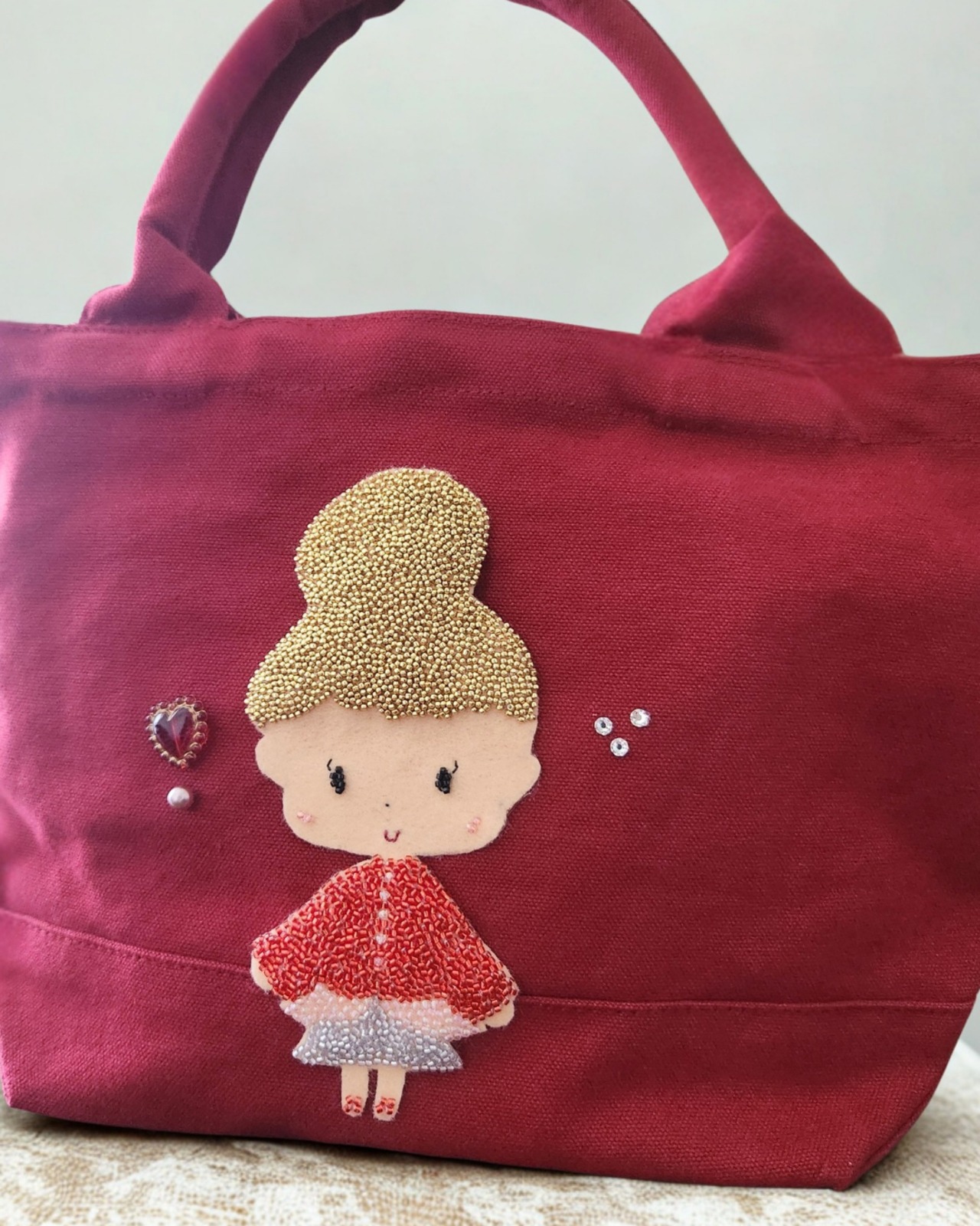 ♡ビーズ刺繍トートバッグ♡ シャンパン・ローズ - 5