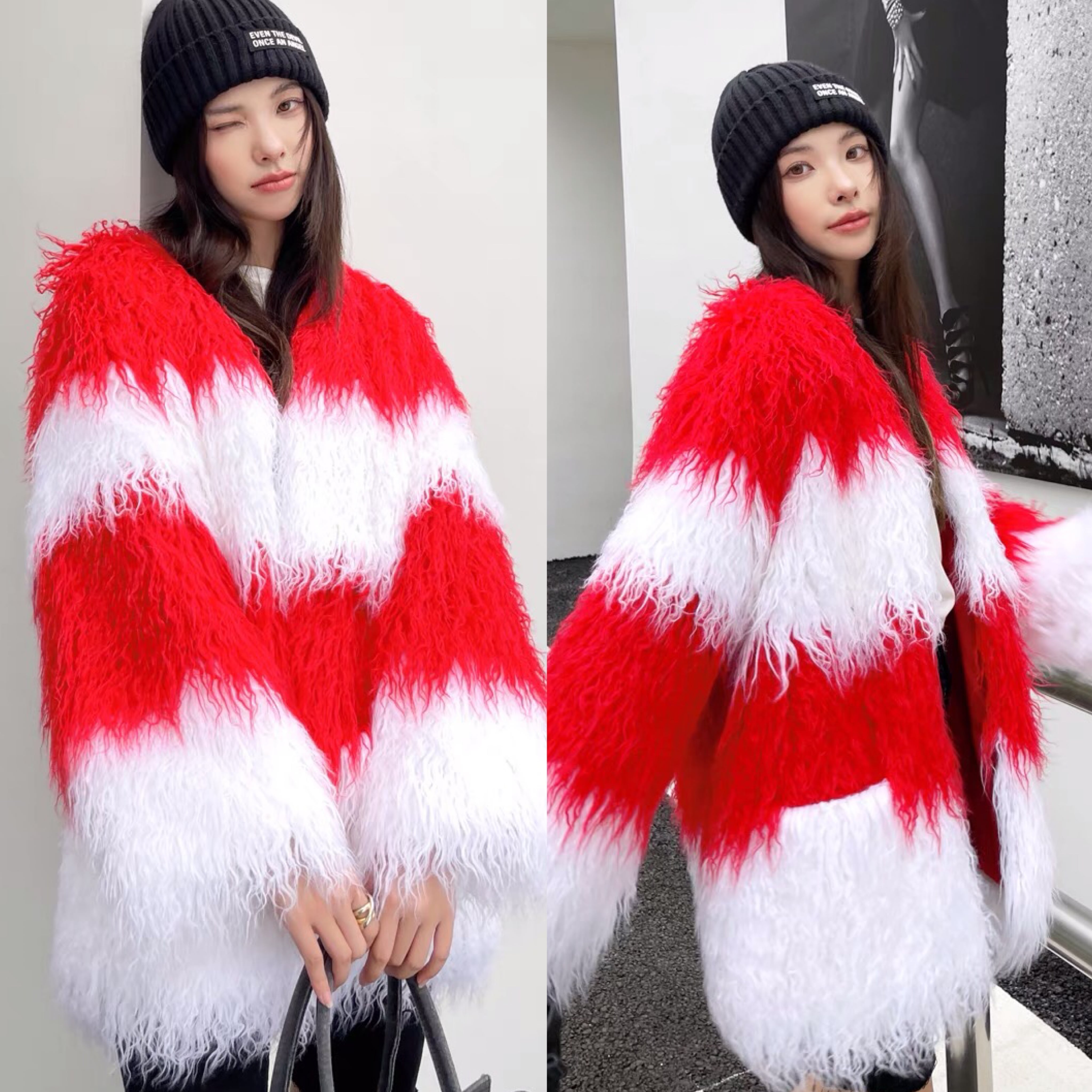 ファー 赤 白 カーディガン 紅白 グラデーション ボーダー チェック