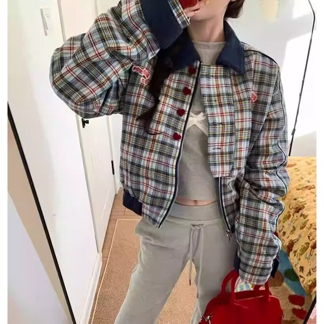 Vintage American-Style Heart Plaid Short Jacket(CF018)
