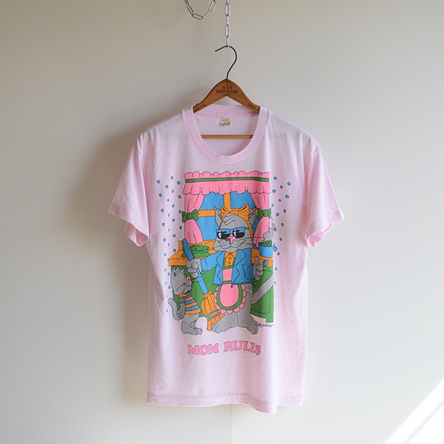 80s SCREENSTARS MOM RULES 猫Tシャツ USA製 ピンク