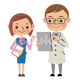 イラスト素材:タブレットを使いながら会話する医者と医療事務スタッフ(ベクター・JPG)
