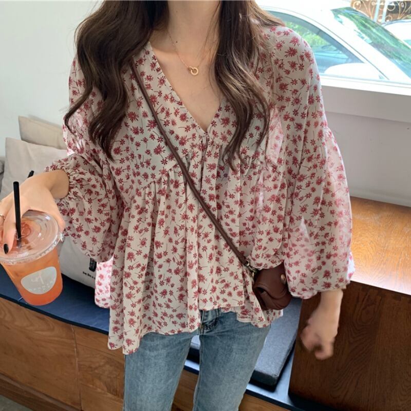 Vネックフローラルシフォンシャツ スプリングオータムスタイルトップス ロング 春物 秋物 花柄 1号婦人9665389651