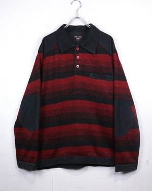 【Caka act2】Corduroy Switching Gradation Horizontal Stripe L/S Polo Knit