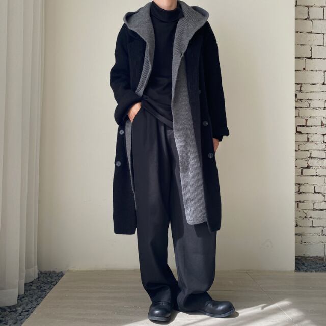 【予約販売】ニットコート  ロング丈 コーディガン メンズ ブラック 黒  グレー レイヤード 重ね着風 男前 シック 韓国 綺麗め 冬コート 防寒 通勤 防寒 お洒落 こなれ感 ベーシック 秋冬 ワンサイズ FREE