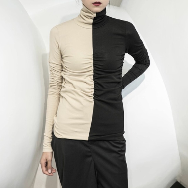 Bi color ruched turtleneck top C1286