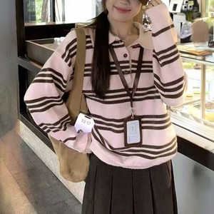ポロ ニット レディース 秋冬 韓国 プレッピー 配色 ボーダー 長袖 襟付き ハーフボタン プルオーバー ゆったり 体型カバー 着やせ 大人 カジュアル トラッド デイリー 着回し [LW-CGT012]
