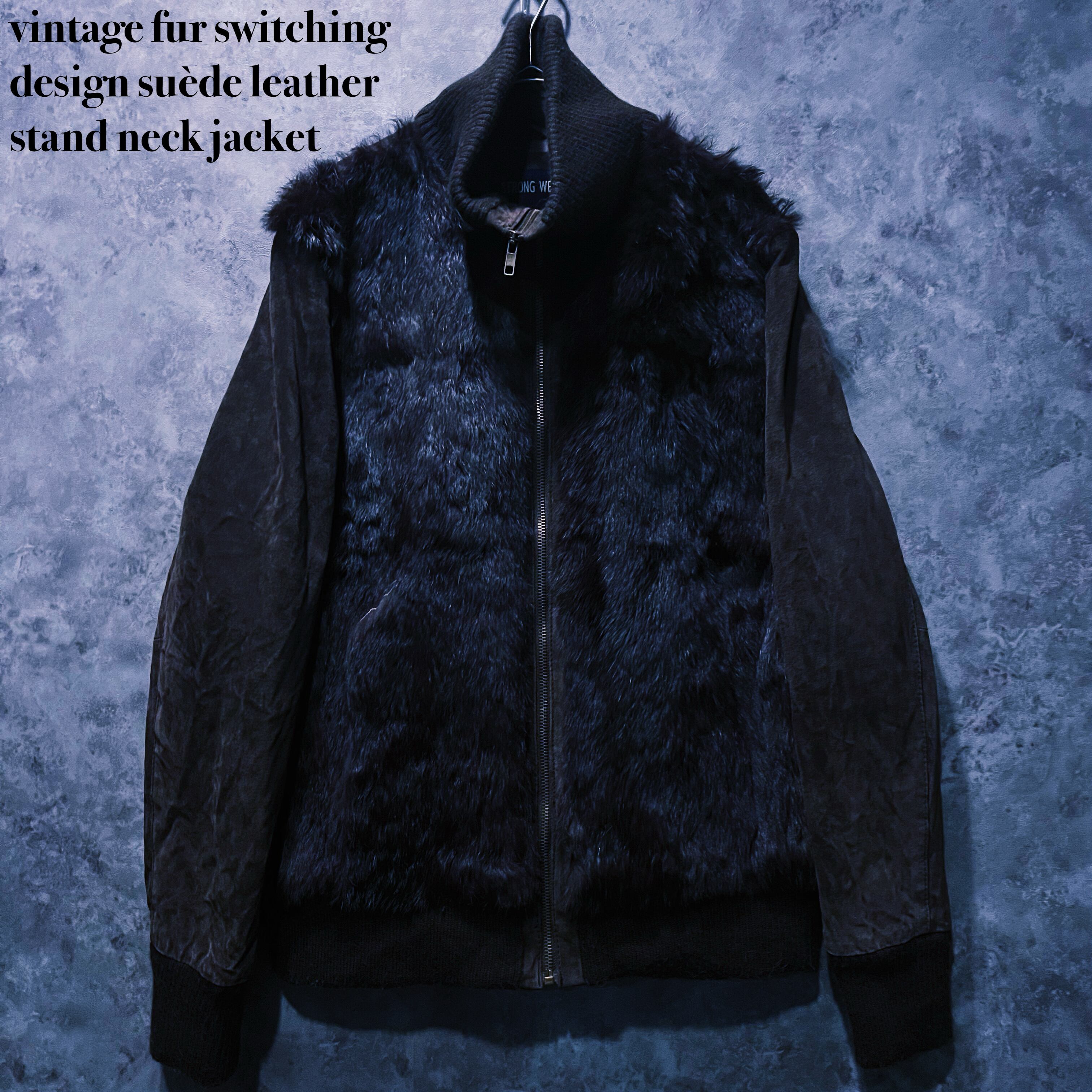 【doppio】vintage fur switching design suède leather stand neck jacket