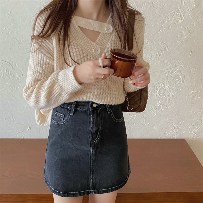 セーター オータムウィンターVネックボタンルーズトップス ロング 秋物 冬物 萌量不足90165625242