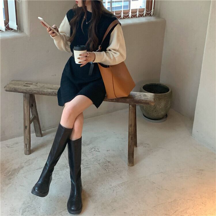 ニット ワンピース ショート丈 バイカラー レイヤード 重ね着風きれいめ カジュアル 大人可愛い 韓国ファッション Luluca 韓国トレンドファッションluluca ルルカ