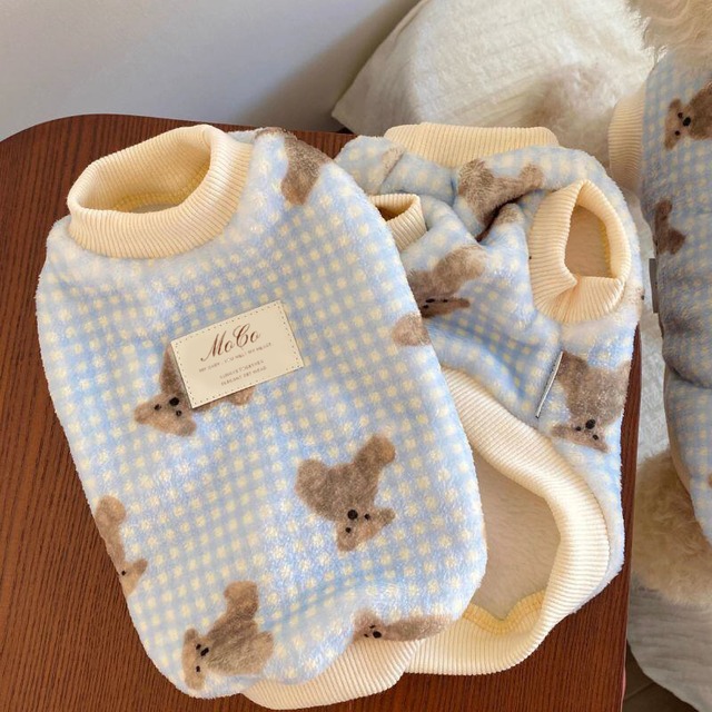 ベア柄の起毛トップス（ブルー）犬服・猫服　00623