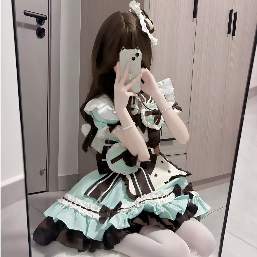 ロリータファッション ゆめかわいい チョコミントカラーフリルメイド服