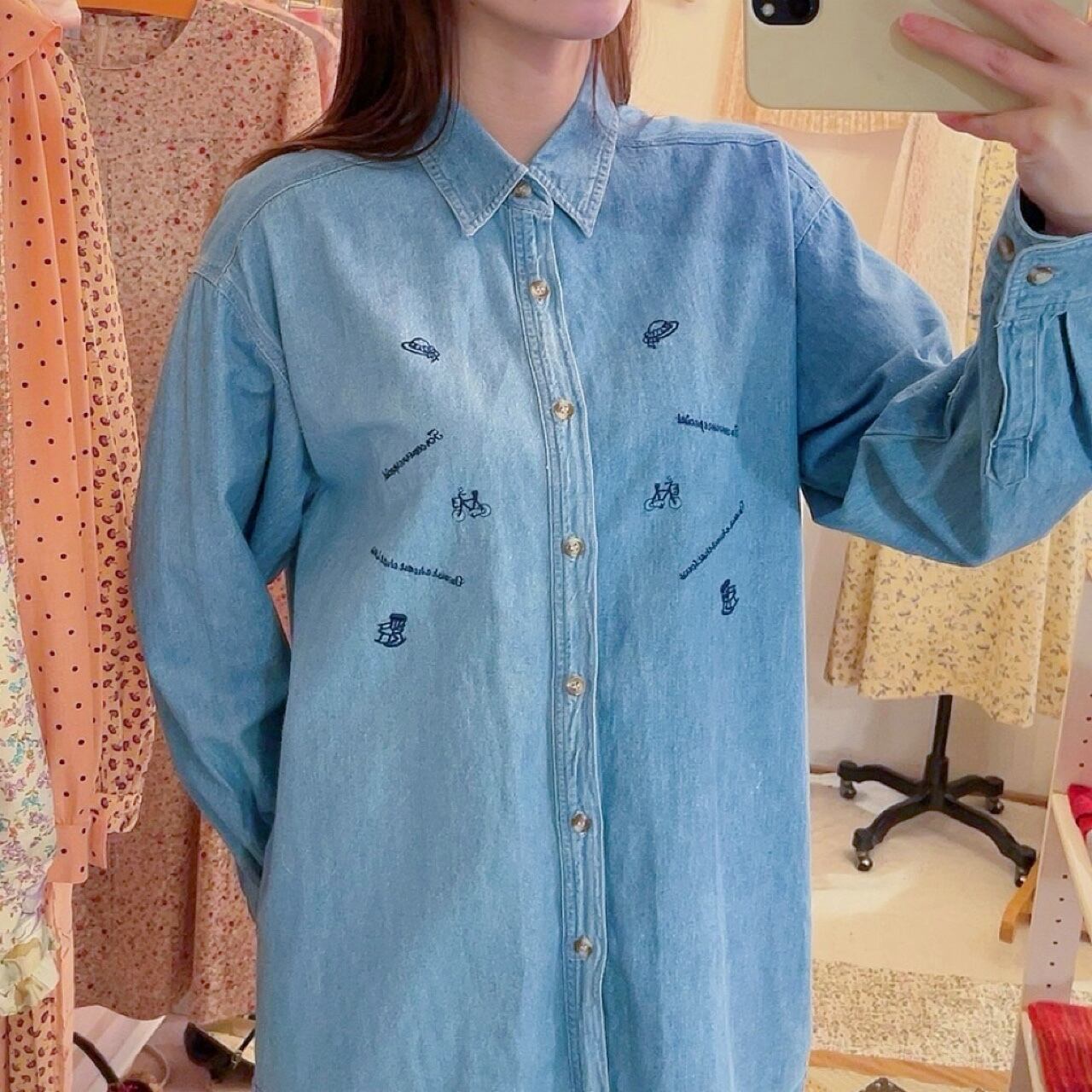mini icon embroidery denim shirt