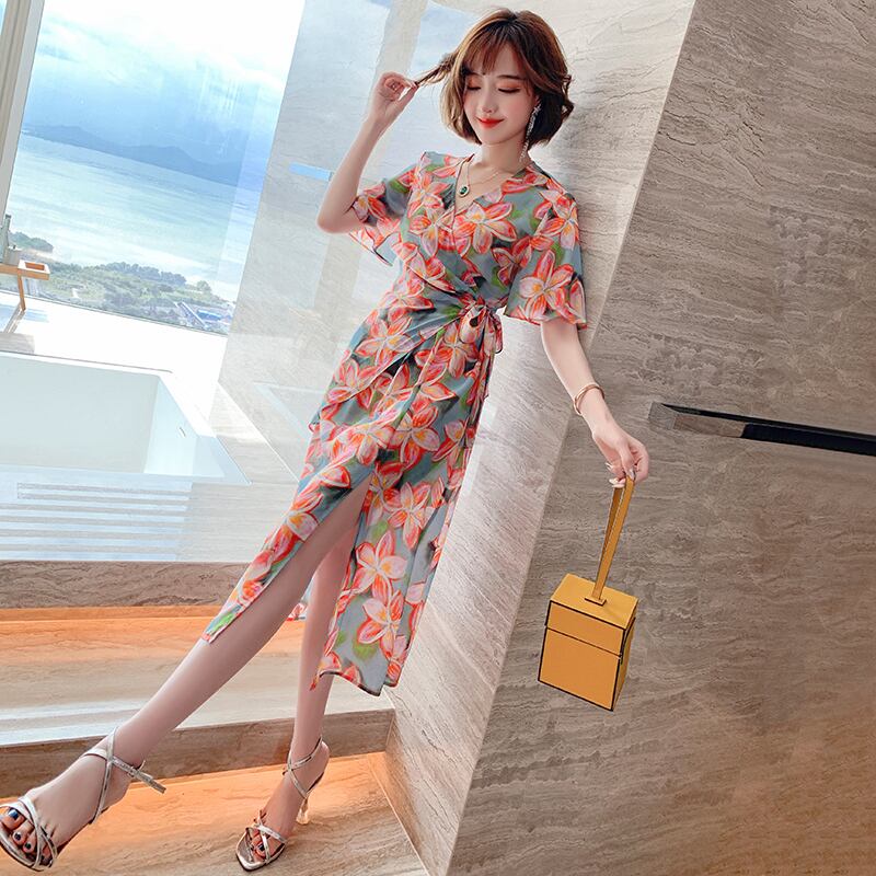 クロスレースプリント柄半袖スリーブウェスト薄手ドレス サマー ショート ハーフスリーブ 夏物 MIUCO15238582494