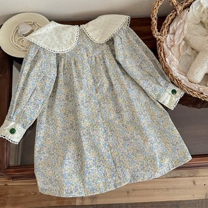 〈90-140size〉 blue花柄水玉襟付きワンピース