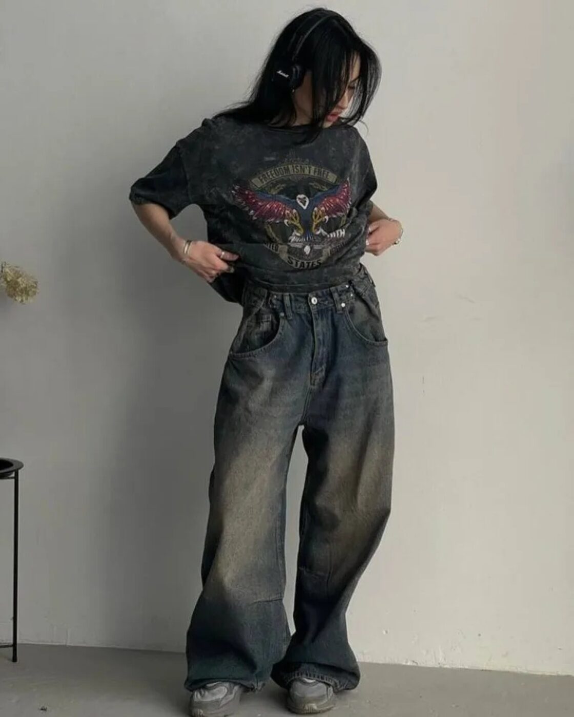 女性の色あせた折りたたみ式バギージーンズ,y2kストリートウェア 