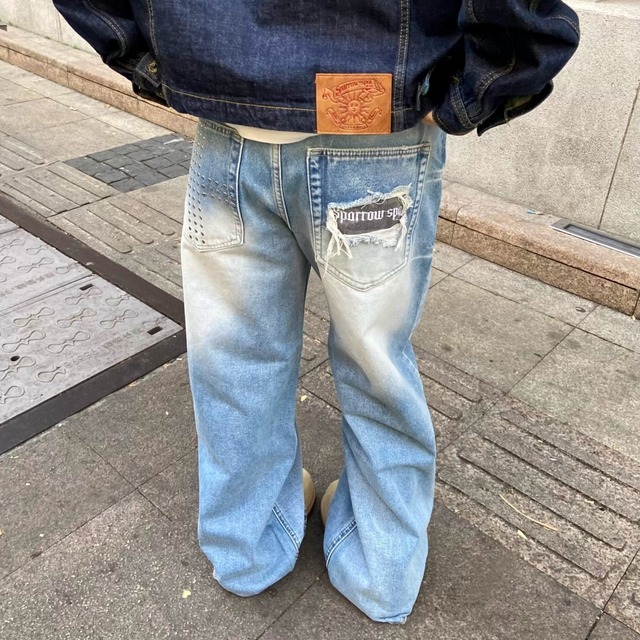スタッズバッククロスワイドラインデニムパンツ 1col   R01844