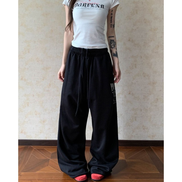 カレッジエンブレムドローストリングワイドパンツ 2col   R02379