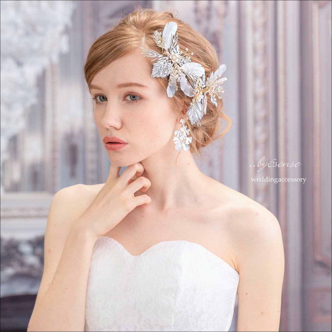 22年最新海外 ウエディングヘッドドレス挙式クラシカルキラキラビジューリーフ花嫁ヘアブライダルdh18 シルバー 素材 Samysband Com Br