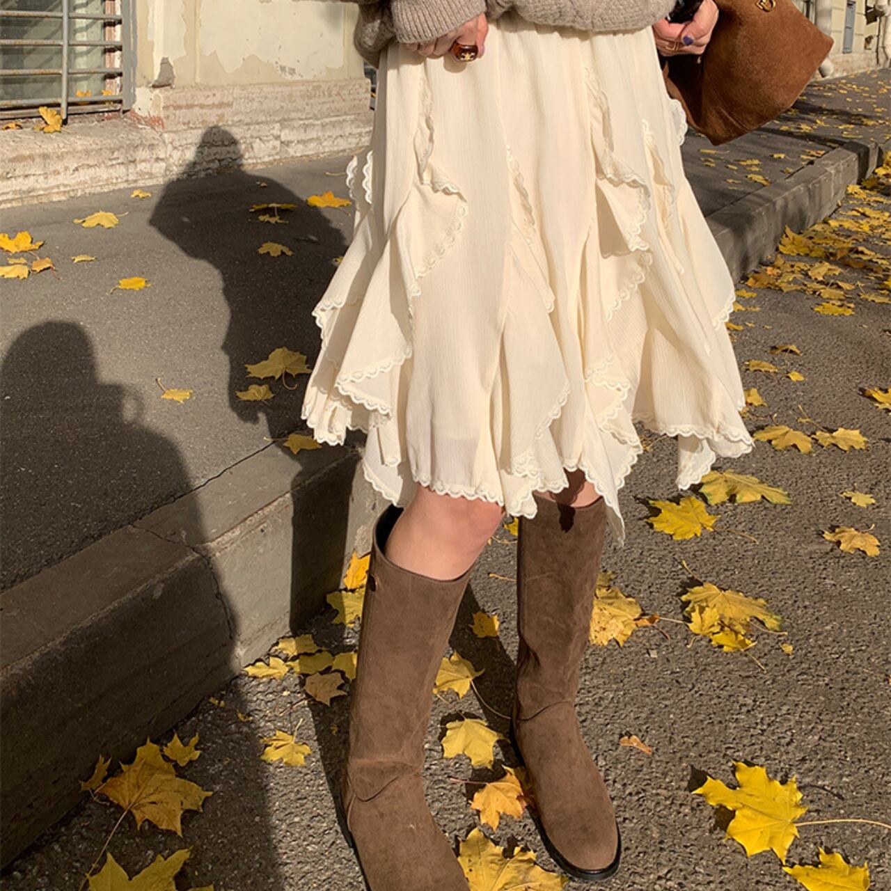 フリルレース ひざ丈パッチワークスカート A4144