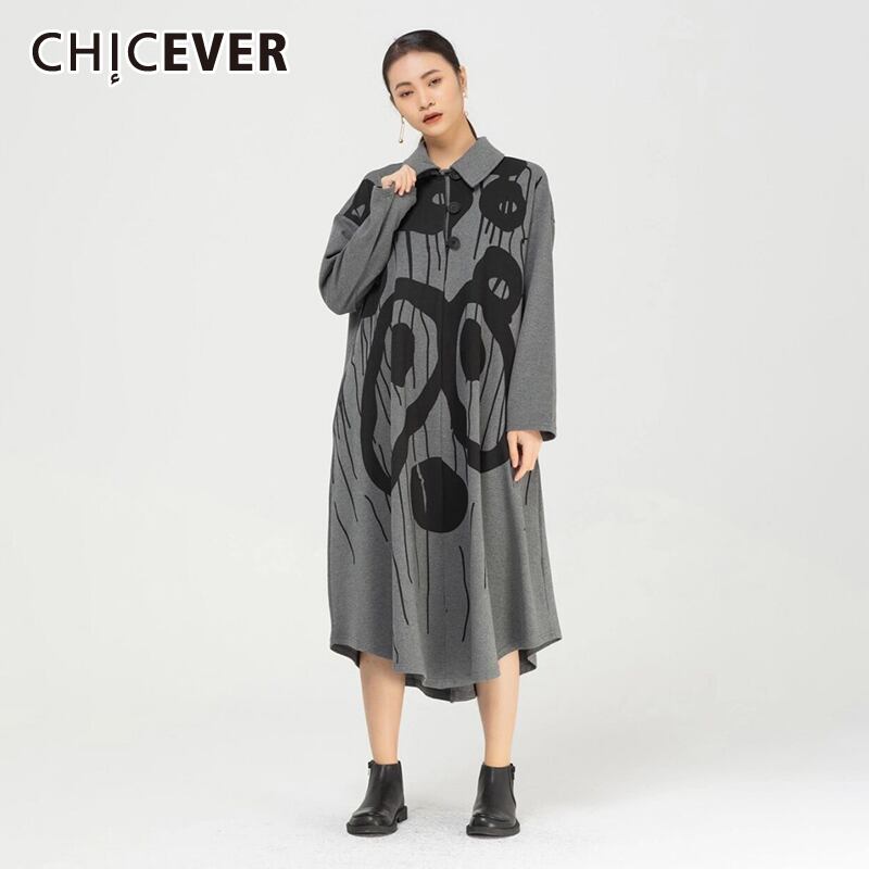 CHICEVERヴィンテージストレートドレスレディースラペル長袖ヒットカラープリントルーズミッドドレス2021秋 ロング ビンテージ 6base551008960527