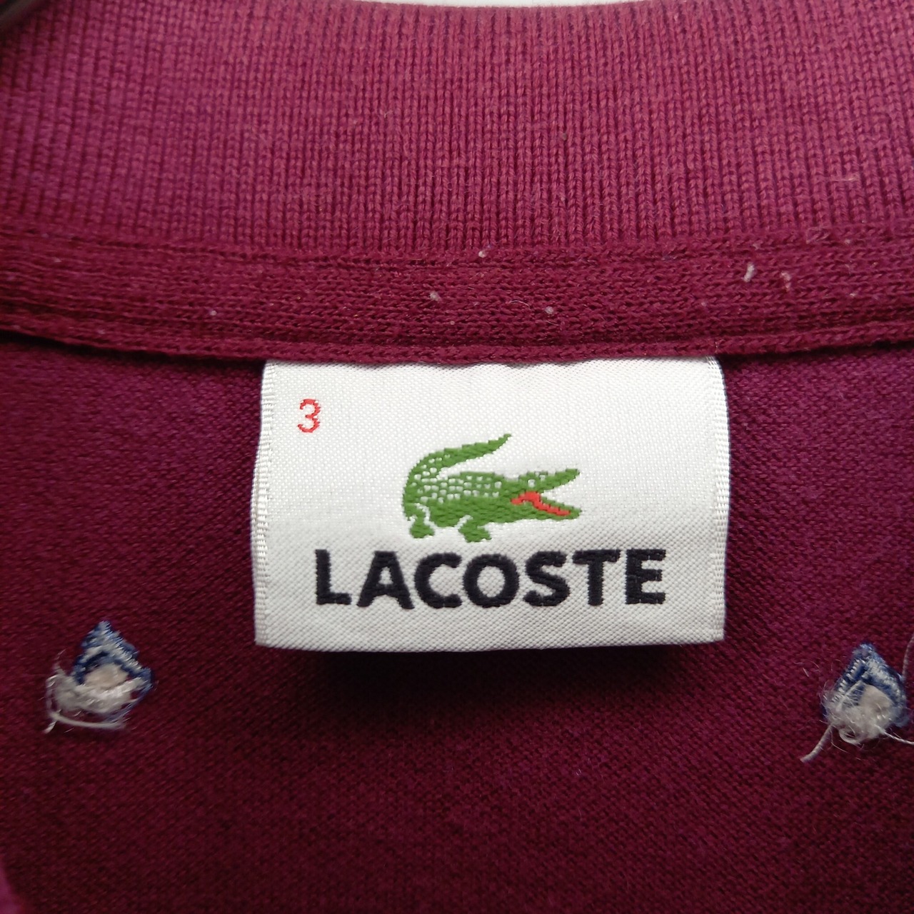 韓国製　ラコステ　ポロシャツ　半袖　シェルボタン　刺繍ロゴ　総柄　赤　紫