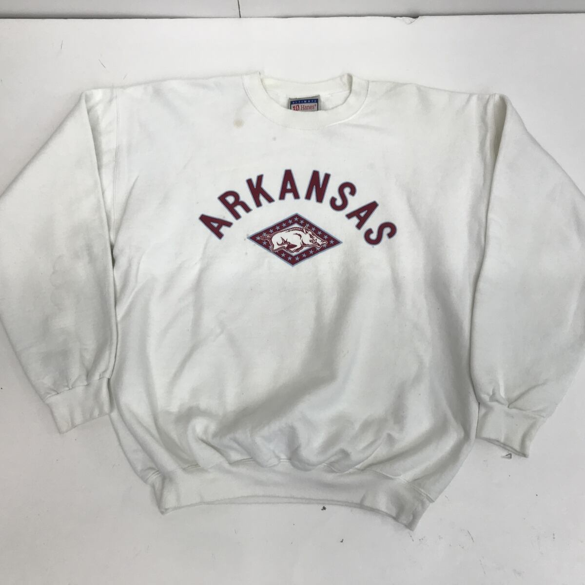 HANES ULTIMATE COTTON ヘインズ ARKANSAS カレッジプリント スウェット ホワイト XL 長袖