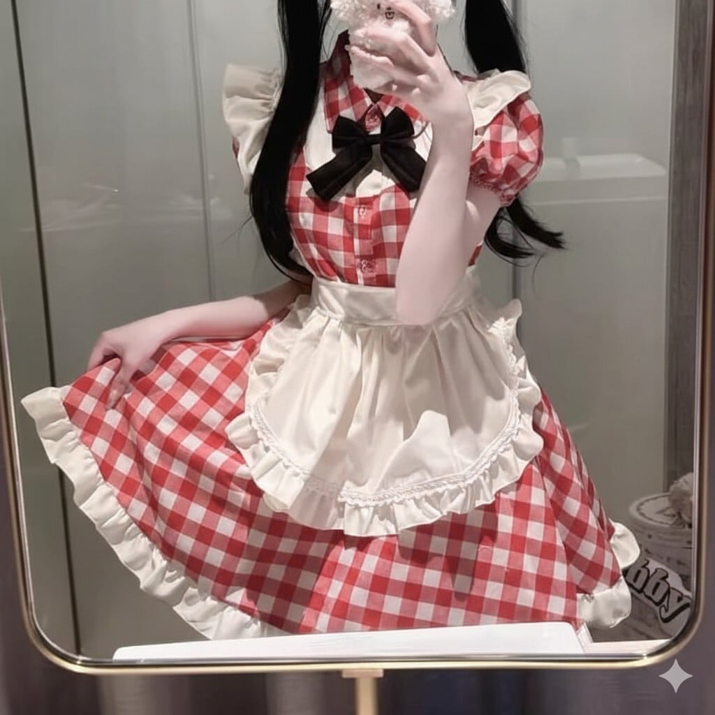 ゆめかわ♡全2カラー ギンガムチェック柄メイド服セット kos16☆ | Pay ID