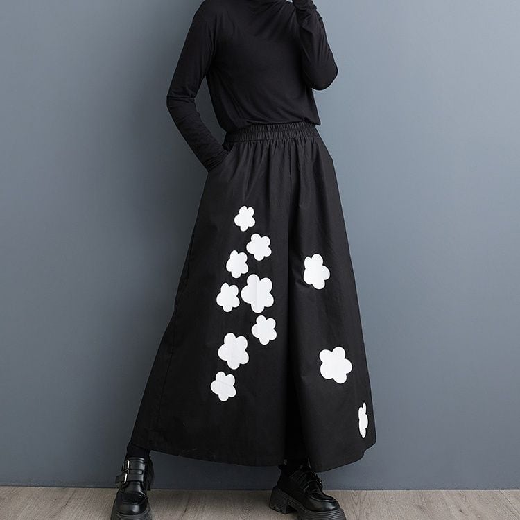 BLACK FLOWER PRINT A-LINE WIDE LEG PANTS 1color M-11976