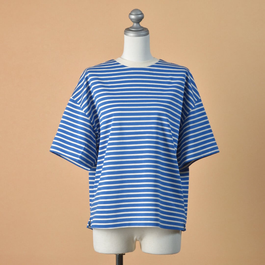 atelier naruse アトリエナルセ コットンボーダーカットソー・ブルーxキナリ 新しいコットン生地を使ったカットソー【送料150円~】