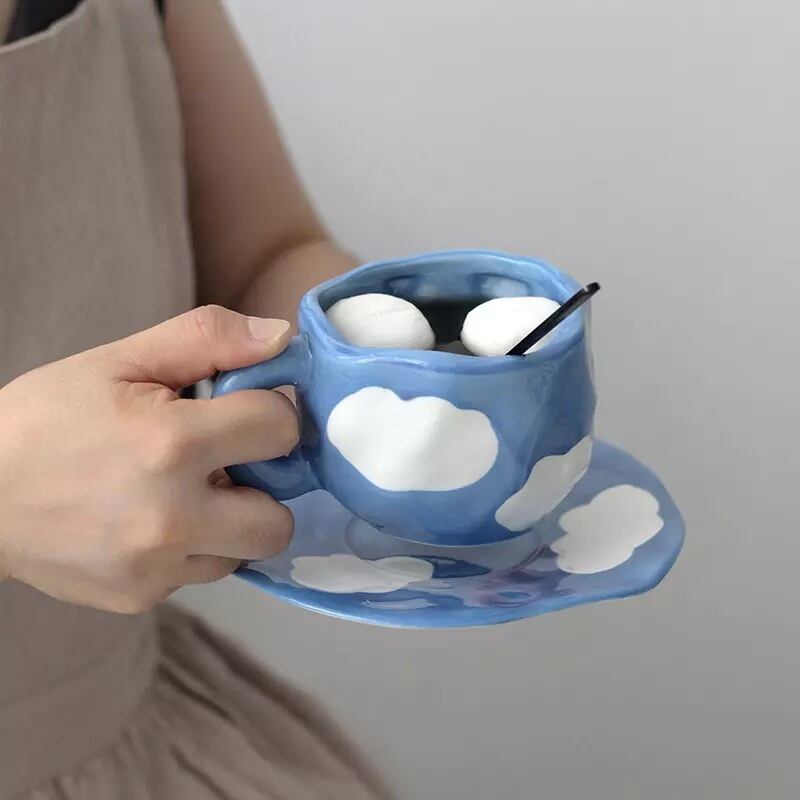 Cloud Mugsaucer set もくもく雲マグカップソーサーセット ブルー セラミック レトロ コップ お皿 紅茶 ガラス おうちカフェ  輸入雑貨販売