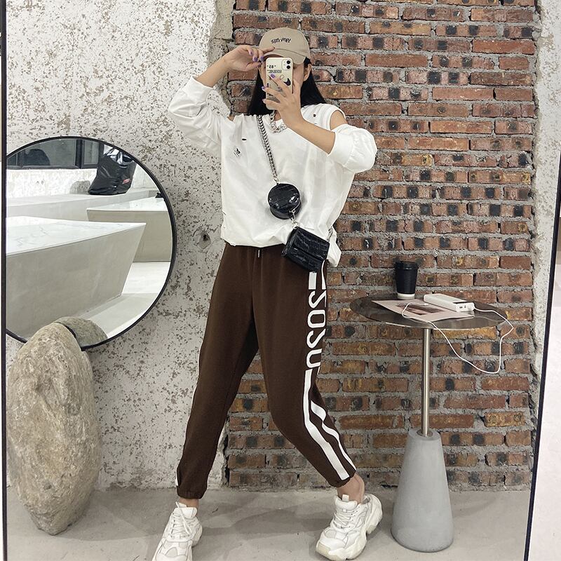 プラスサイズの女性の2020年の新しいファットmm秋のコートカバーベリートップルーズラウンドネック長袖Tシャツ女性カジュアルパンツ ミックスインファッション76884328503