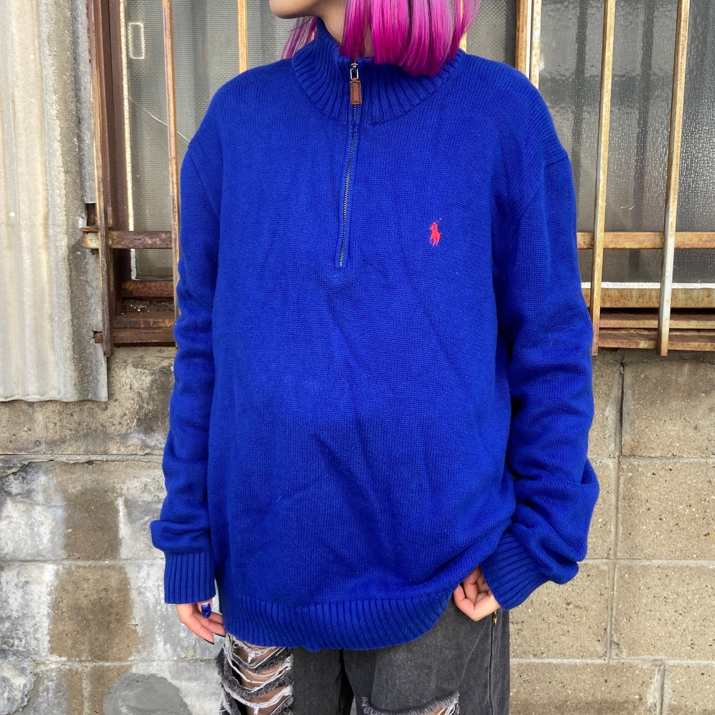 Polo By Ralph Lauren ポロバイラルフローレン ハーフジップ ニットセーター メンズl 古着 ワンポイントロゴ刺繍 ブルー 青 ニットセーター Ha10 Cave 古着屋 公式 古着通販サイト