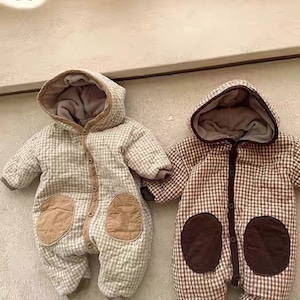 【BABY】冬作厚手チェック柄フード付き連体服