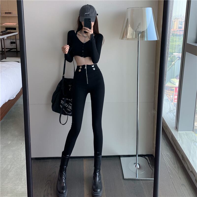 ウエスタンスタイルのタイトフィットストレッチハイウエストジーンズレディース2020年秋新作ブラックスリムパンツスモールフィートペンシルパンツ ブラックストロベリース4994760171